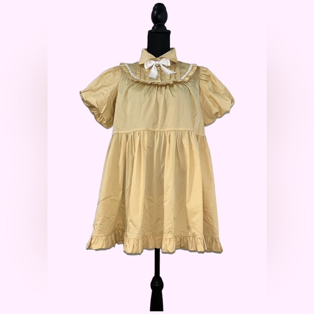 SISTER JANE Woman’s Yellow Puff Sleeve Collard with Bow Mini Dress